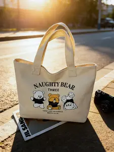 Gentle ginger yellow teddy bear canvas tote bag with three teddy bears printed design. Versatile shoulder bag for daily commuting, students, and classes