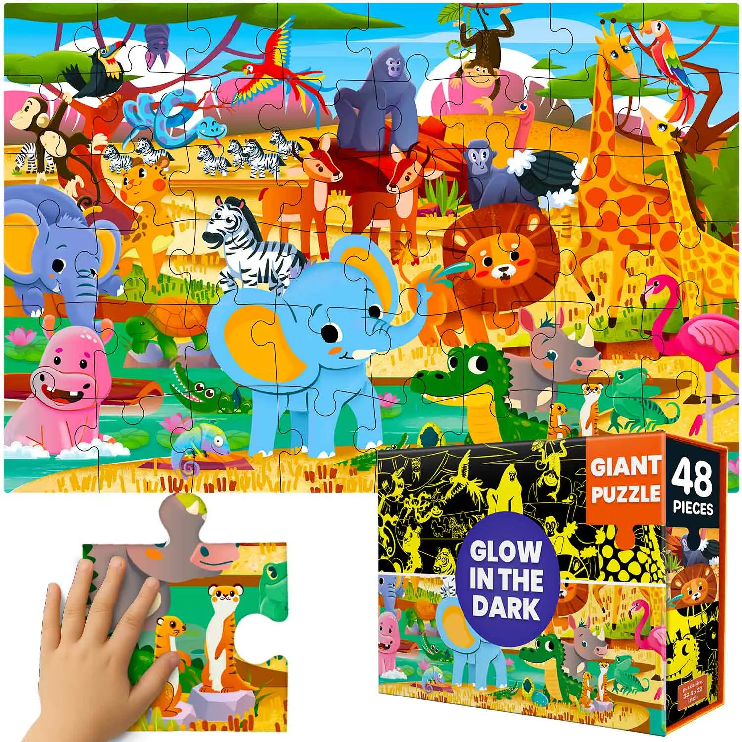 QUOKKA Giant Floor Jigsaw Puzzle for Kids Ages 4-8 - 48-Piece, Glow-in-the-Dark African Animal Safari Scene with Glow Feature, Jigsaw Floor Jigsaws