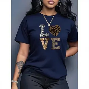 100% Cotton Women's Casual LOVE Pattern Leopard Heart Design T-Shirt - Elastic Round Neck Short Sleeve Top, Machine Washable All-Season Comfortable Style country concert outfits shirts women vintage graphic tees casual outfits women women's shirts