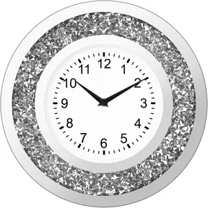 Crystal Crushed Diamond Mirrored 14" Wall Clock Sparkle Twinkle Bling Silver Round