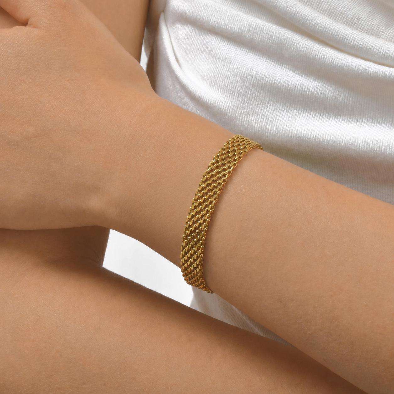 Waterproof Chunky Chain Bracelet for Women - 14K Gold Plated Trendy Adjustable Chain Bracelet - Lightweight Stainless Steel Jewelry | Gold Bracelet for Women, Mesh Bracelet Weaving Bracelet with Lobster Clasp, Elegant Fashion Jewelry Gift for Her