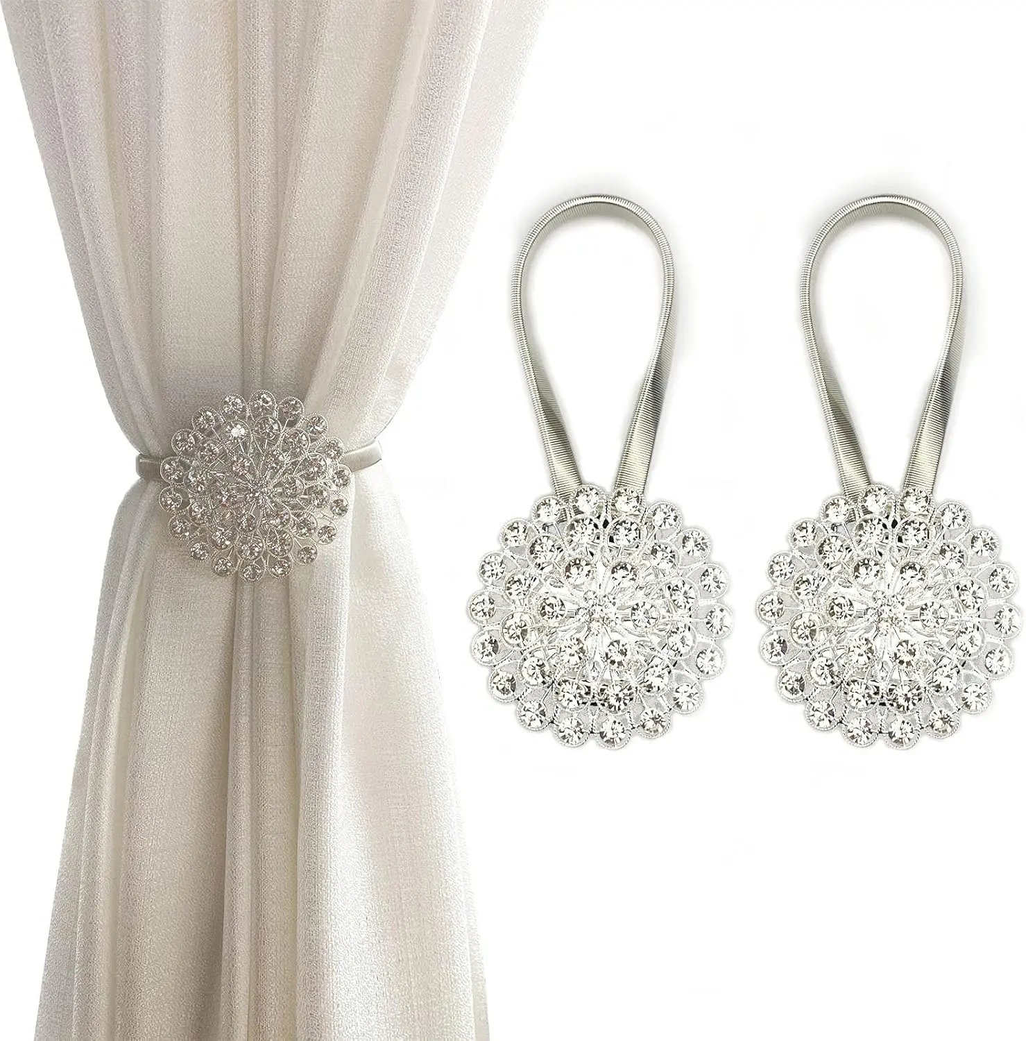 2PCS Silver Magnetic Curtain Tiebacks with Sparkling Crystal Flowers,Decorative Buckle Clips & Rope Straps for Holding Curtains,Ideal for Bedroom & Living Room Home Decor