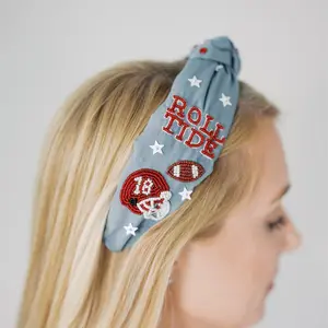 AL Beaded Headband - Hand Beaded Dark Grey with A Logo Elephant Helmet for Football Fans