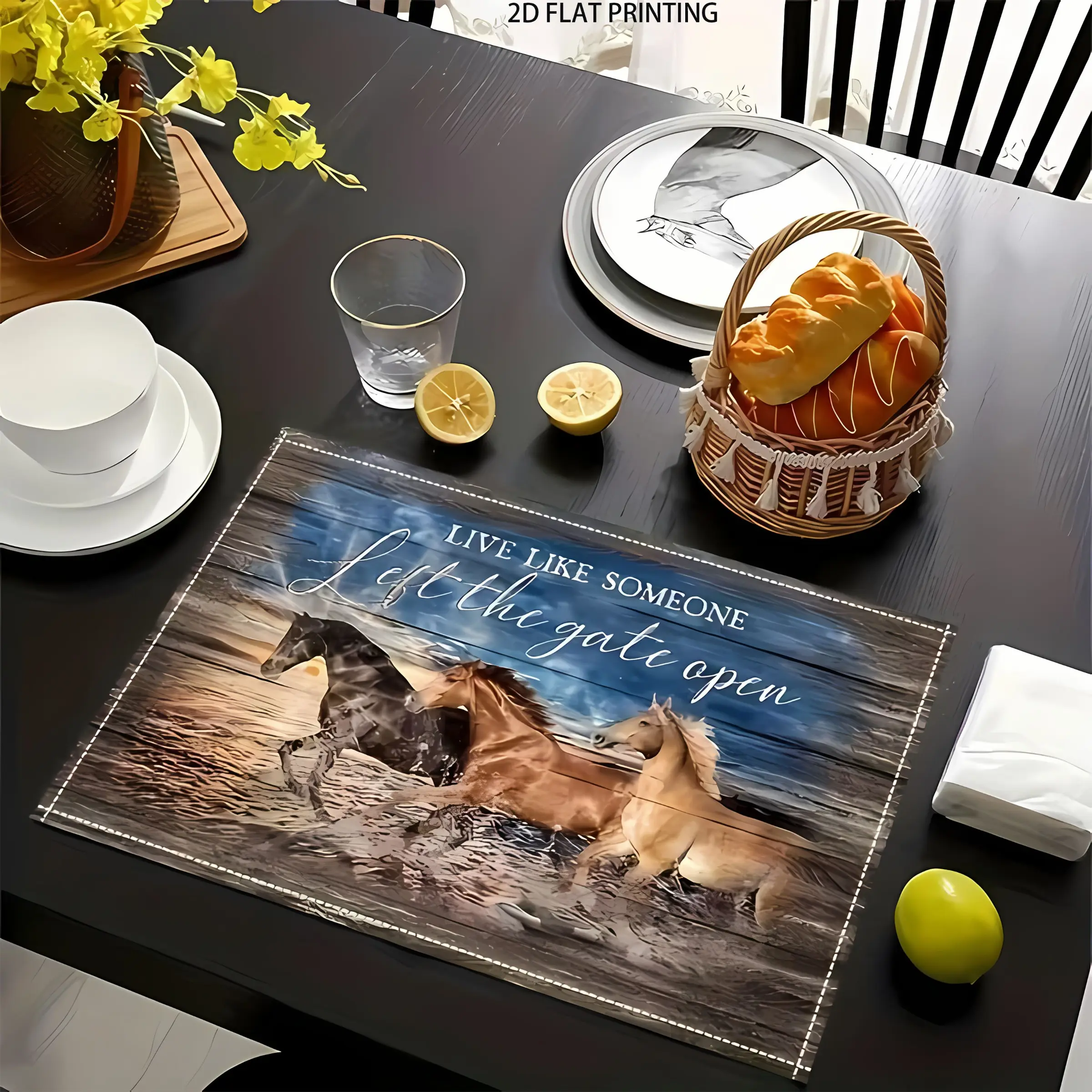 2D flat printing, 2-piece/4-piece/6-piece blue sky galloping horse placemat, beautiful ocean, party table mat, suitable for indoor and outdoor use, 12x18 inches kitchen decorative placemat, Table placemats
