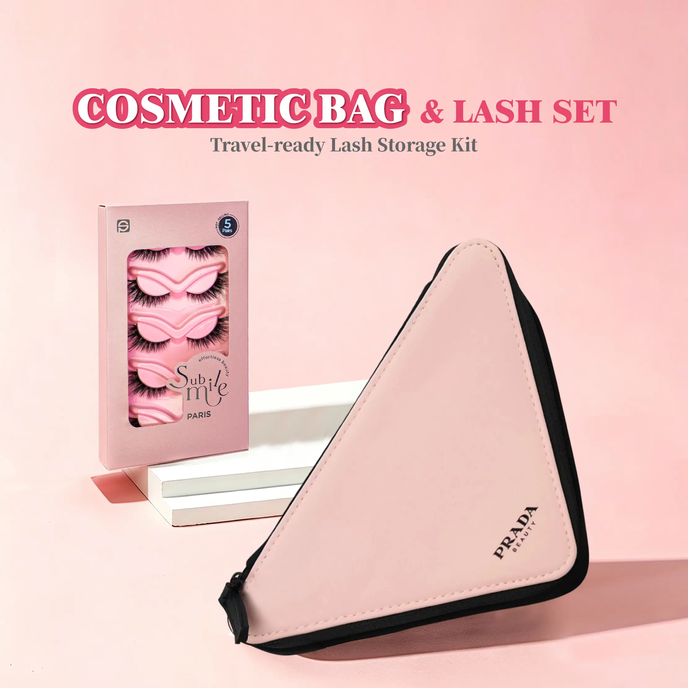 Prada Triangle Pink Toiletry Bag Makeup BagComes with a free gift&3D Glam Lashes Bold D Curl Volume 5 Pairs Reusable Cruelty-Free