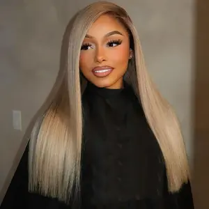 Ash Blonde With Brown Root Straight Human Hair Wig 13X4 HD Transparent Pre Plucked Can Be Restyled Lace Front Wigs For Women 180% Density Ombre Blonde Straight Brown Root Colored Lace Frontal Wig