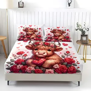 Cute Highland Cow Print Fitted Sheet Set 3Pcs Multiple Sizes with Pillowcases Floral Rose Heart Sunflower Design Breathable Cozy Bed Sheet Set for Bedroom Dorm Decor Kids Adults Cow Lovers Perfect Gift