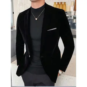 Men Lapel Collar Single Button Velvet Blazer Menswear Suits Fathersdaygift Formal Attire Velour Garments Long Sleeve Black Plain Beige