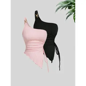 Women's solid color ribbed single shoulder asymmetrical vest, casual sleeveless slim cut top, suitable for daily wear, all season women's clothingRAIMENTRY