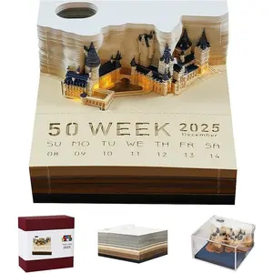 3D Art Calendar Memo Pad 2025, Creative Time Piece Calendar Magic Castle Rip Away Paper Carving Sticky DIY Note