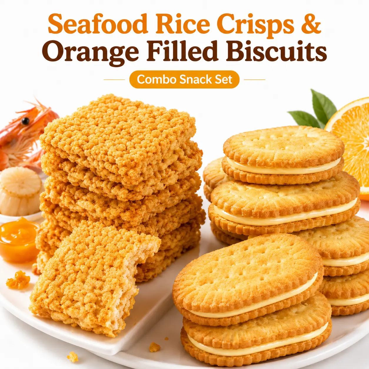 Gluten-Free Seafood Glutinous Rice Chips & Orange Cream Sandwich Cookies Variety Pack - Umami-Sweet Baked Shrimp Crisps, Zesty Biscuits, No Artificial Flavor, Individual Wrap, Room Temp Storage, for Lunch Box, All Ages, Travel, Office