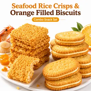 Seafood Glutinous Rice Chips & Orange Cream Sandwich Cookies Variety Pack – Savory Umami Crispy Rice Crackers + Zesty Sweet Biscuits, Individually Wrapped Snack Duo for Lunch Box, Office, Travel & Afternoon Tea