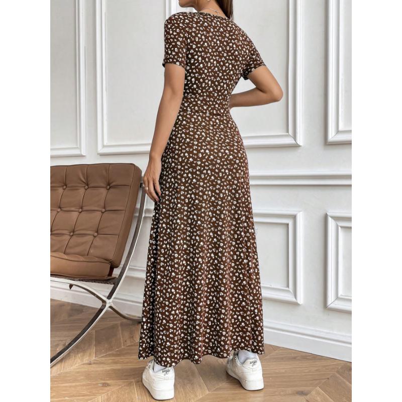 SHEIN MOOSTA Women's Fashionable Ditsy Floral V-Neck Short Sleeve Summer Dress Maxi Women Outfit