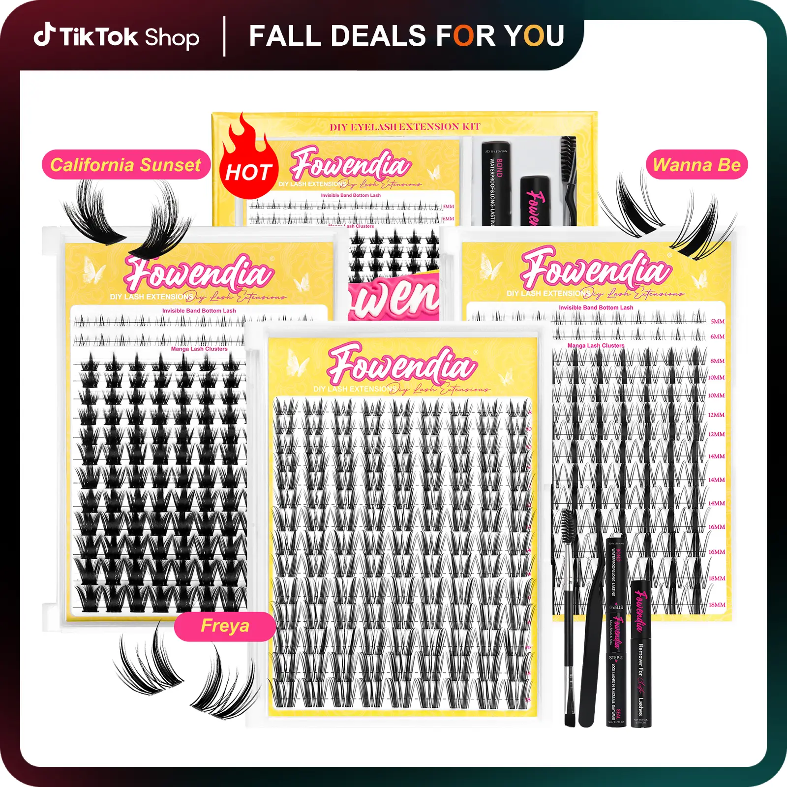 Fowendia Manga Lashes Cluster Lashes C D Curl DIY Extension Kit and California Sunset Wanna Be Freya Lash Clusters Fall Deals For You Campaign 8-18mm