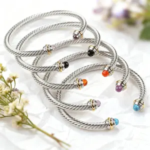 Stainless Steel Wire Bracelet for Women with Black and White Beads, Crystal, Turquoise, Braided Wire, Pearl, Titanium Steel Bracelet Processing