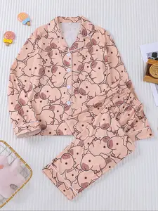 Cute Pig Print Kids Pajama Set, Soft Comfortable Skin-Friendly Fabric, Fall Winter Casual Sleepwear, Cartoon Print Pajama, Boys Girls Home Wear
