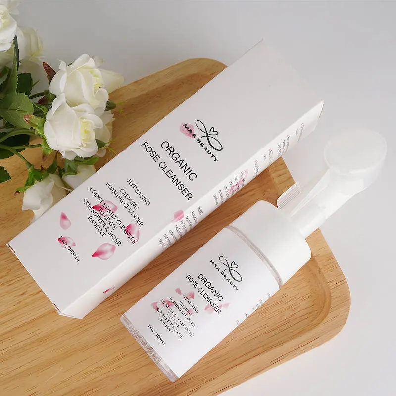 M&A BEAUTY Organic Rose Foam Cleanser- Face Wash & silicone scrub brush attached with Vitamin C Cleansing Facial Skincare Daily Exfoliate Nourishing Gentle Sensitive