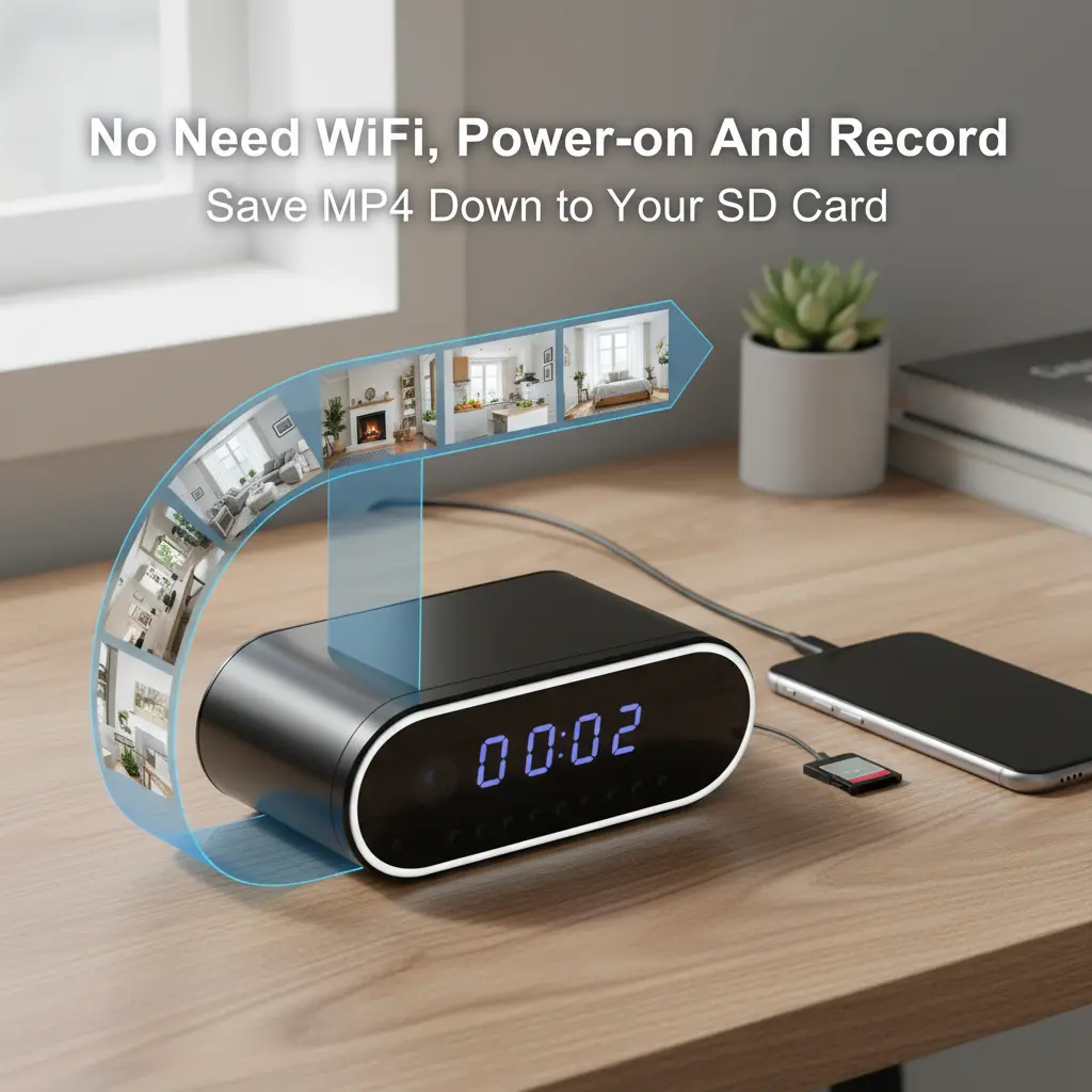 Alarm Clock, 2-in-1 HD WiFi, WiFi AP Hotspot Remote Viewing, Local Storage to SD Card, 2600mAh Rechargeable Battery, HD Night Vision, Motion Detection, Home Office Shop Indoor Use