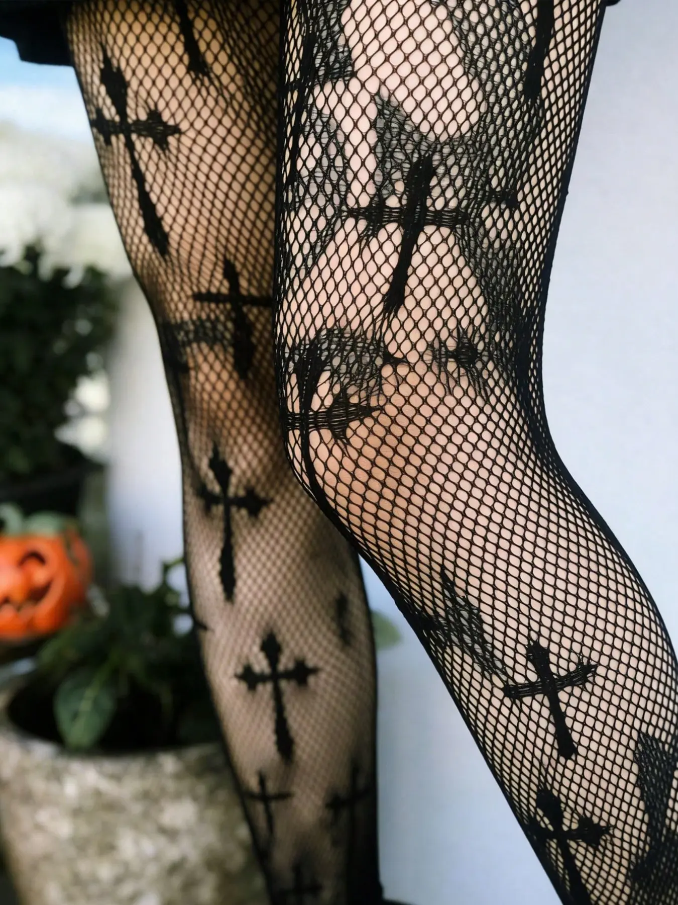 1 Pair Punk Dark Cross Pattern Fishnet Thigh High Stockings, Women Gothic Dark Sexy Sheer High Waist Stirrup Mesh Pants, Halloween All Seasons