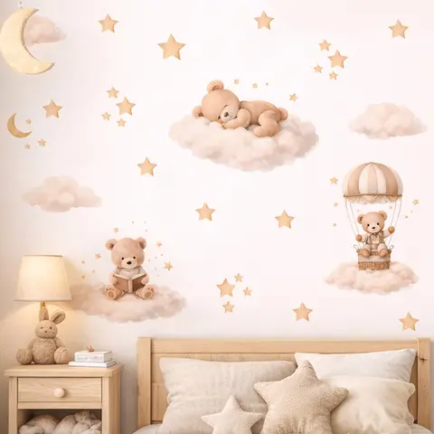 Cartoon Cloud, Star, And Bear Wall Decals — Space Theme Design, Removable, Self-Adhesive Decorative Stickers For Kids' Rooms, Living Room Backdrops, Bedroom Decor, And Home Decor Decoration Items