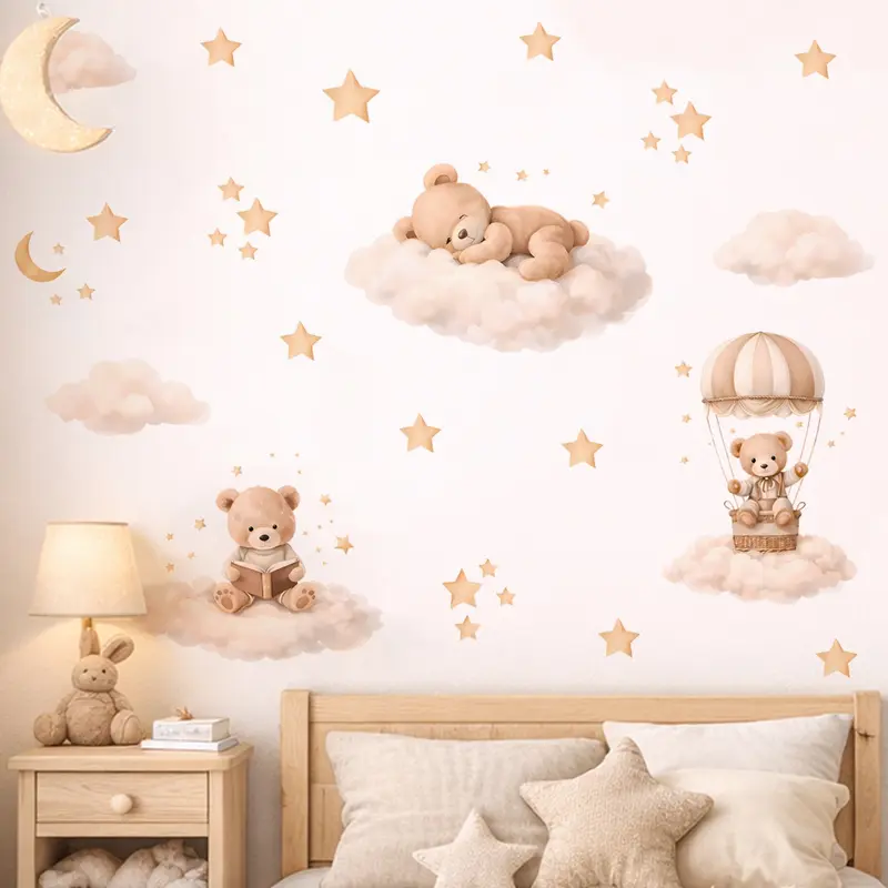 Cartoon Cloud, Star, And Bear Wall Decals — Space Theme Design, Removable, Self-Adhesive Decorative Stickers For Kids' Rooms, Living Room Backdrops, Bedroom Decor, And Home Decor Decoration Items