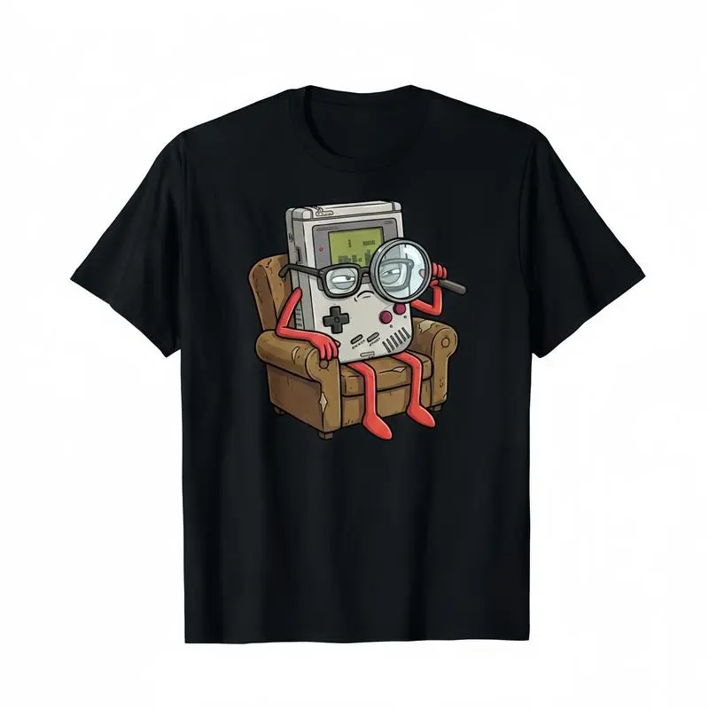 Cool Old Game Boy Detective Shirt Retro Gaming Console Funny Cotton Graphic Tee for Men Women Unique 67 Six Seven Design Round Neck Short Sleeves