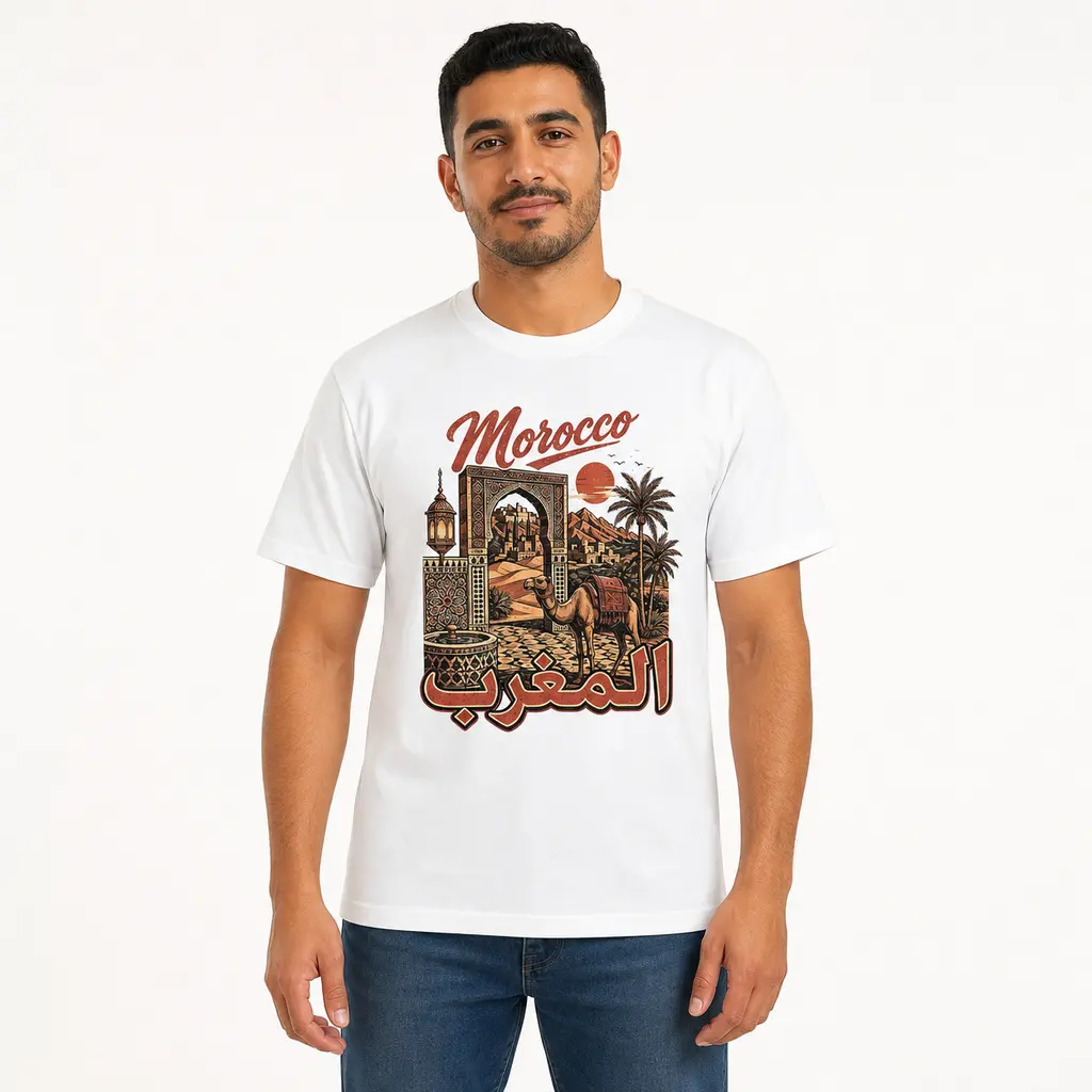 CARPESUN Morocco T-Shirt Camel Islamic Arch Vintage Art 220GSM Combed Cotton Moroccan Pride Unisex Breathable Short Sleeve North Africa Heritage Travel Souvenir Top