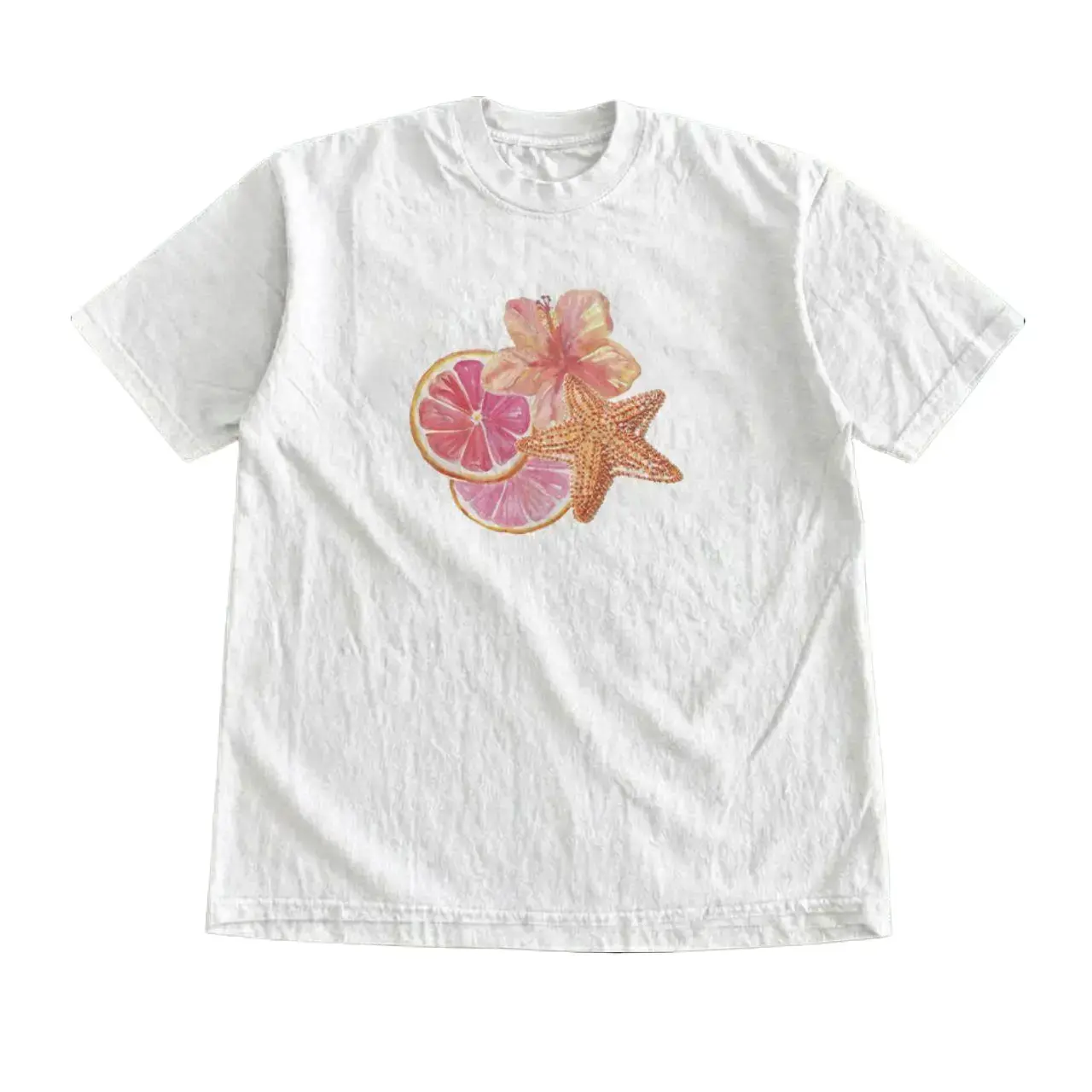Gildan Men's and Women's T-shirt, Vintage Style Starfish Grapefruit Hibiscus Flower Graphic Tee, Animal Tee, Gifts Shirt, Unisex Vintage Graphic Tees Gothic Grunge Y2k Emo Scene Amity Affliction Style Clothes Men Women Streetwear