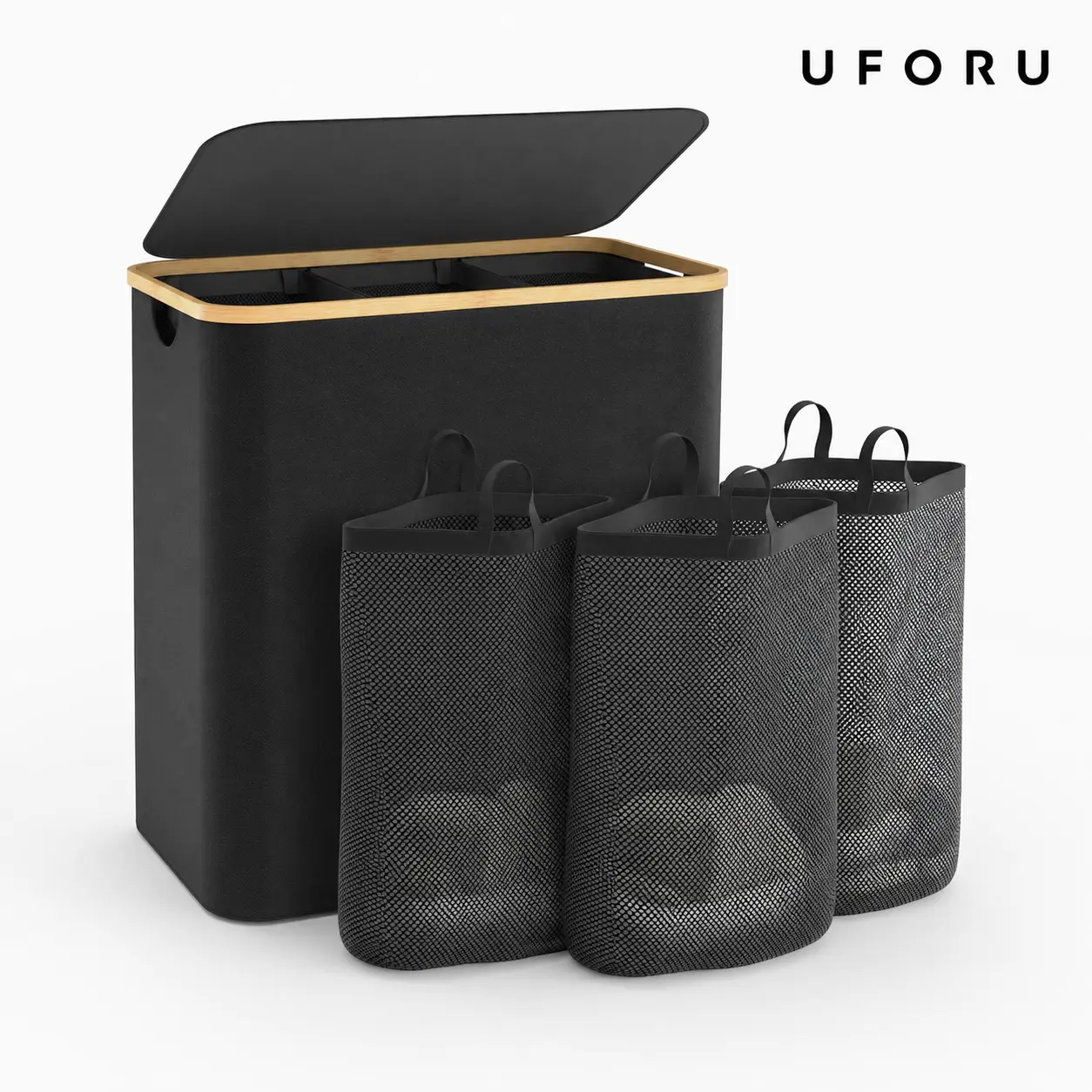 UFORU 160L Laundry Hamper with Lid, 3-Section Extra Large Laundry Sorter with Removable Inner Bags & Labels, Foldable Dirty Clothes Basket for Bedroom, Bathroom and Dorm