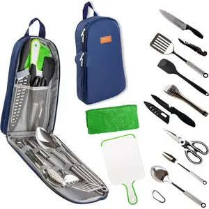 30 Pcs Camp Cooking Utensil Set & Outdoor Kitchen Gear Cookware Kit, Portable Compact Carry Case for Camping, Hiking, Travel, BBQ Grilling Stainless Steel Accessories Spoon & Fork, Navy