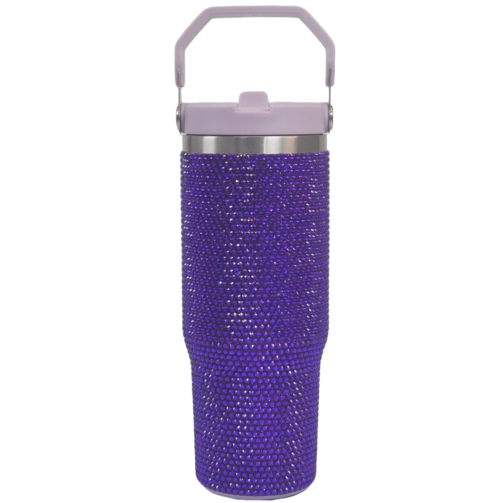 Cupcupmore 30 oz (500-1000 ml) Double Wall Vacuum Insulated Stainless Steel Rhinestone Glitter Tumbler - Purple Sporty Leakproof Flask with Flip Straw, Lid, Ergonomic Rotating Handle, Car Cup Holder Fit, Portable for Adults, Commute