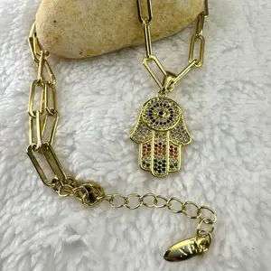 Paper Clip Chain 5mm Size 20 Inches Extended Gold Filled 14k High Quality Necklace with Fatima Hand Pendant Jewelry