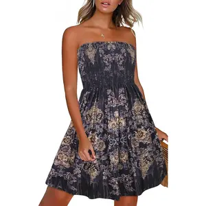 SKIKREMIO Women's Strapless Boho Floral Sundress, Summer Beach Cover Ups Casual Vacation Dress