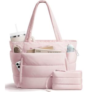 Bagstellar Puffer Tote Bag for Women with Makeup Bag, Large Work Tote Laptop Bag, Lightweight Travel Tote Bag with Zipper Gifts for Women Teacher Nurse Quilted Shoulder Bag for School Gym