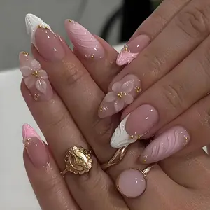 3D Pink Press On Nails Almond Medium French Tip With Embossed Flower And Gold Bead Glossy Reusable False Nails For Women Manicure 24Pcs