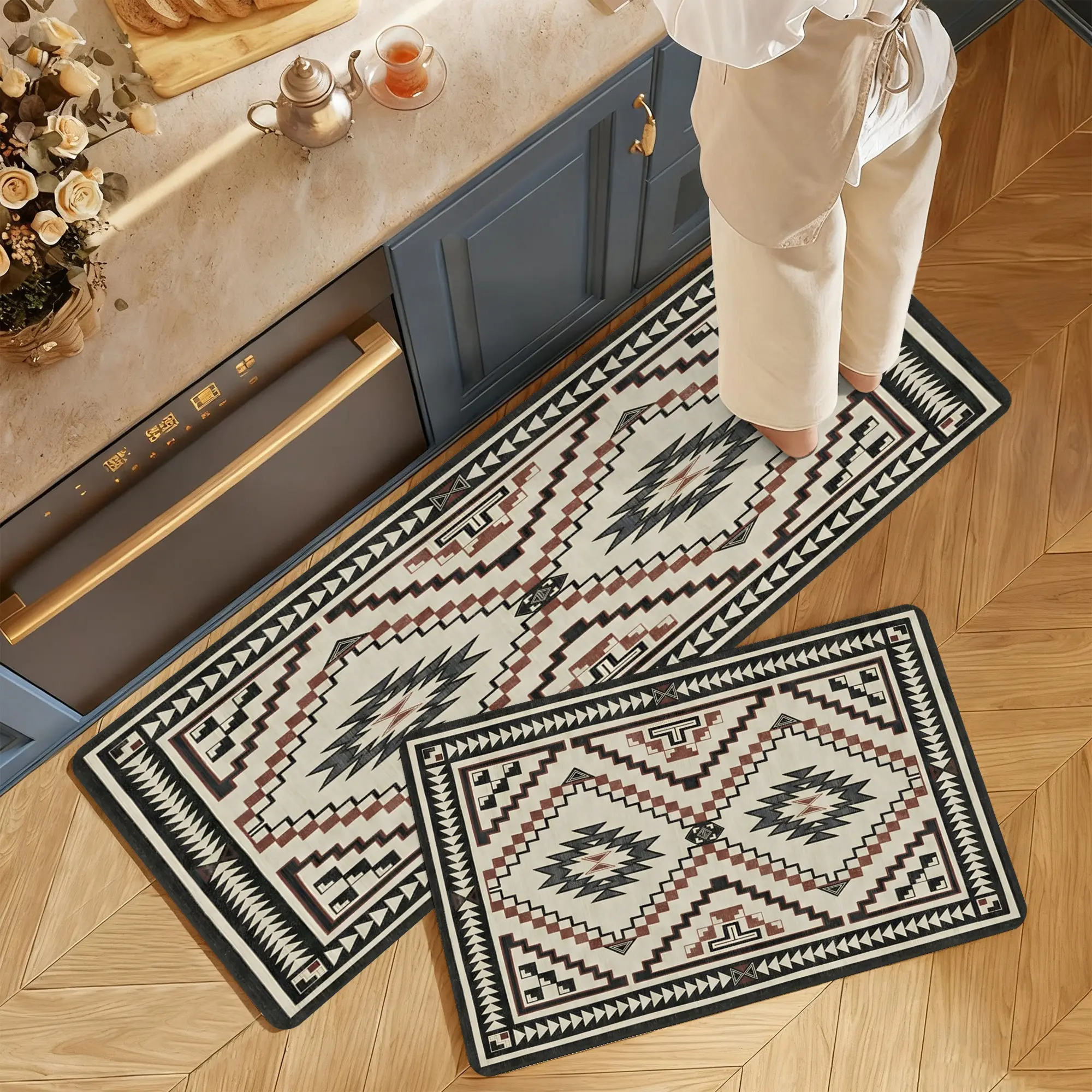 Cream Brown Tribal Geometric Western Cabin Kitchen Floor Mat - Rubber-Backed Non-Woven Fabric Runner, Non-Skid, Moisture-Resistant, Stain-Resistant, Low-Profile, Washable Home Mat for Sink, Doorway Protection, Floor Mats Kitchen