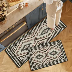 Southwestern Aztec Kitchen Mat Non-slip Rubber Backing Floor Rug Non-woven Fabric Runner for Sink Entryway Cream Brown Tribal Geometric Washable Indoor Area Carpet Water Absorbent Stain Resistant Low Profile Western Cabin Decor