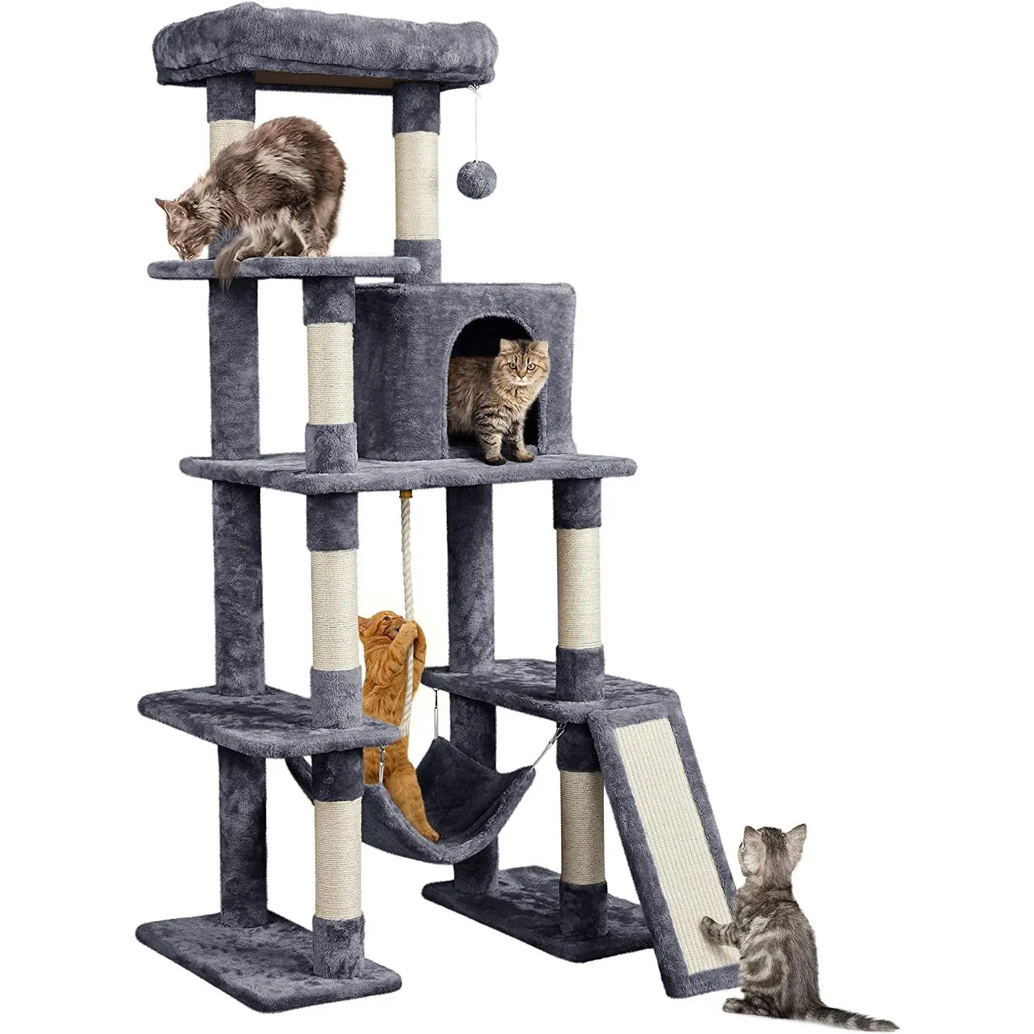 63in Multi-Level Cat Tree with Sisal-Covered Scratching Posts, Comfortable Condo, Hammock, Dangling Ball, Extended Platform, Stable Frame, Anti-Tip Kit, FSC-Certified CARB P2 Board, Odor-Free Plush, Curves Done Right for Cat Play & Sleep, Natural Sisal, P