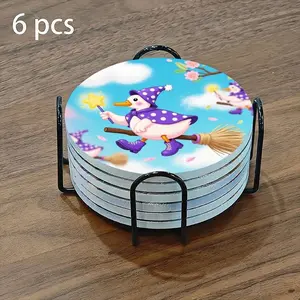 6-piece ceramic coaster set, featuring a cute wizard duck flying in a magical wonderland. These heat-resistant, non-slip coasters with stands are perfect for home, dining, and beverage decoration.