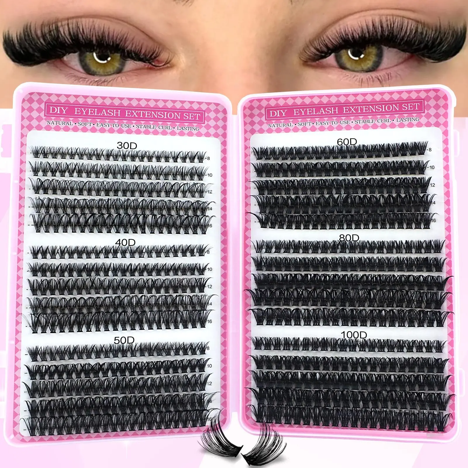 DIY False Eyelashes, Eyelash Extensions, Moderate Curl, Natural and Voluminous, Fluffy Cluster Lashes, 8mm to 16mm Mixed Length, Self-Assembly Clustered False Lashes, Lightweight Natural Eyelashes