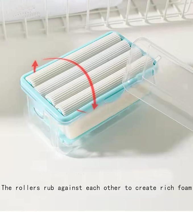 Soap Box Holder,Foam Soap Dispenser with Roller and Drain Holes,Soap Box with Bubbler,Multifunctional Soap Bubble Box for Home Bathroom Kitchen Countertop (Blue), 4.8*2.83*2.63 inch (RX01)