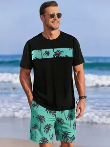 Men's Black & Mint Green Palm Tree Print Home Loungewear 2-Piece Set Pajama Set - Crew Neck Short-Sleeve T-Shirt + Elastic Drawstring Waist Mint Green Shorts, Soft, Comfy Breathable Fabric, Relaxed Tropical Style, Ideal for Lazy Weekend Lounging