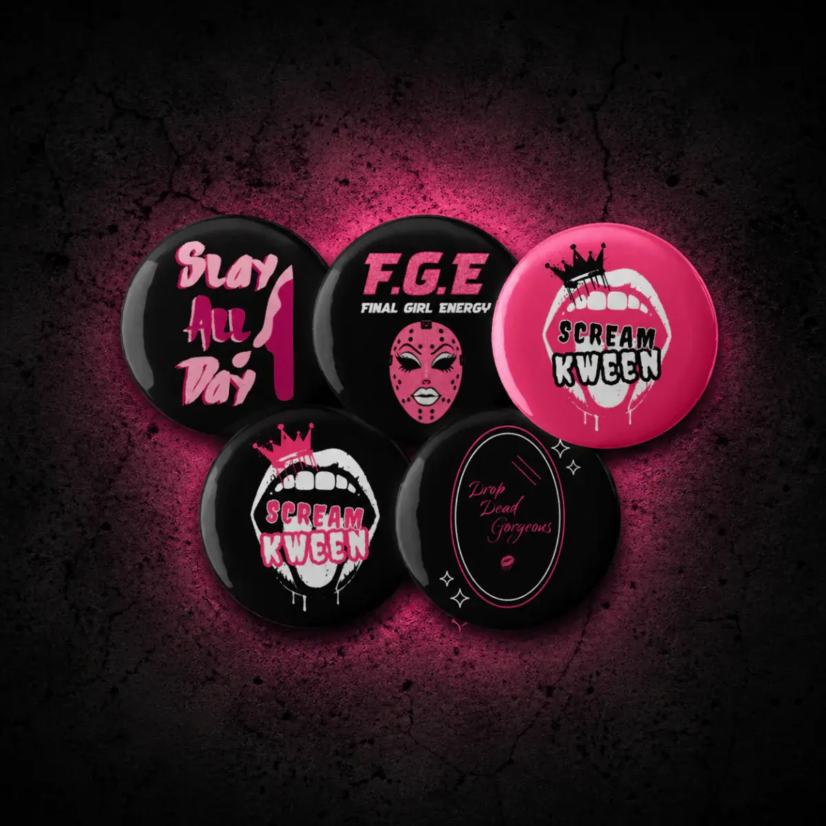 Scream Kween 5-Pcs Customizable UV Resistant Graphic Buttons Bundle - Unisex Tinplate Base Business DIY Badges, 1.25″ (31.25 mm) & 2nd Size Decorative Pins for Toys & Hobbies Enthusiasts, Two Sizes