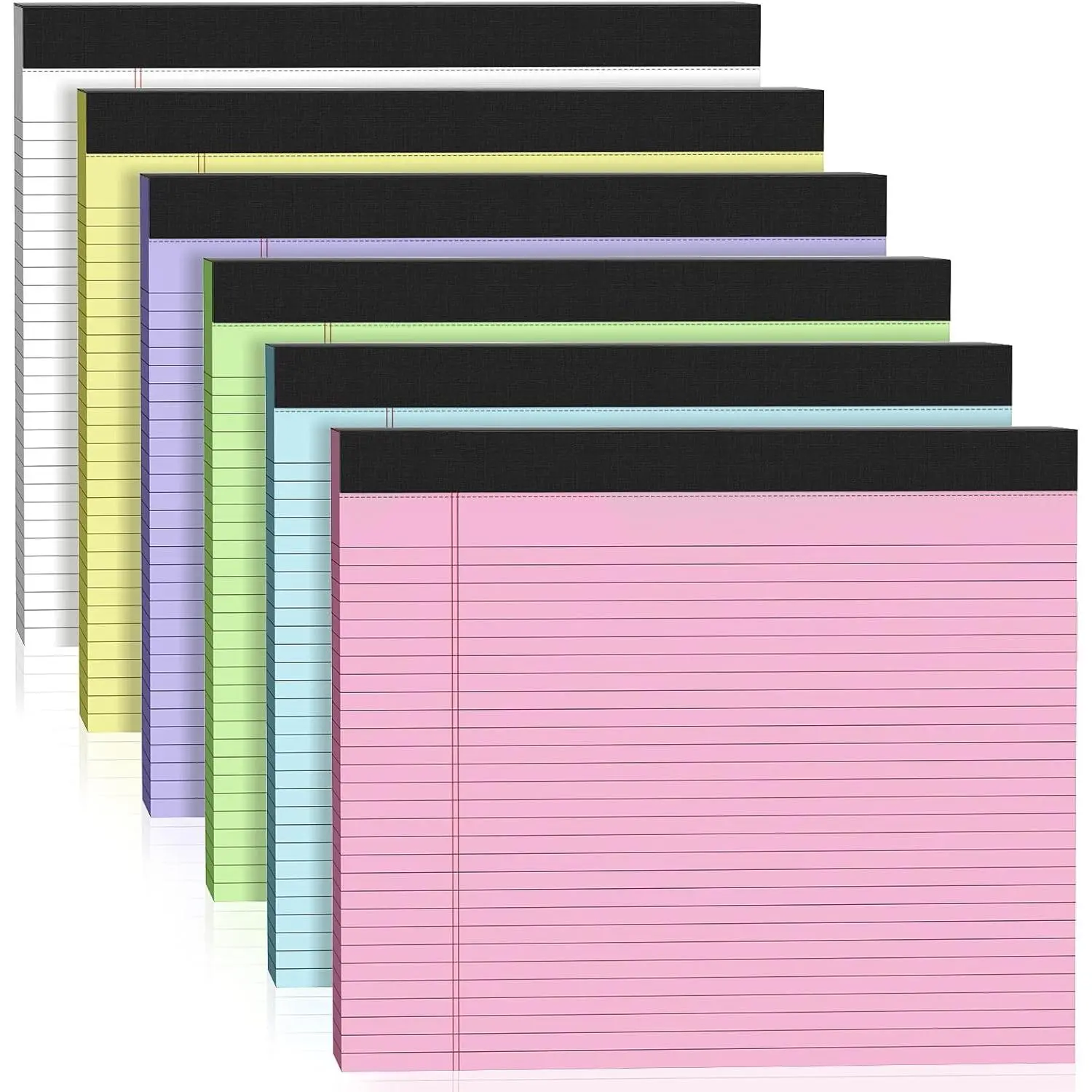 6 Pack Colored Legal Note Pads - 11in x 9.5in, College Ruled Design, Perforated 80GSM Lined Paper, 30 Sheets, Durable Backing, Left-Side Margin, Moderate Handwriting & Note-Taking for School, Office