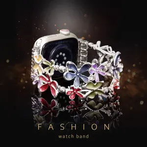 Colored Flowers Alloy Chain Watch Band for Apple Watch 38/40/41 & 42/44/45/46/49mm Red Yellow Fashion Wearable