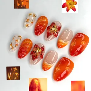 30pcs Medium Almond Press-On Nails, Flower Design, 3D Gel Fake Nails, Winter Cute Full Coverage Adhesive Nail Stickers for Women
