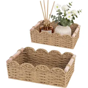 iEGrow Paper Rope Small Storage Baskets for Organizing, Set of 2 Scalloped Edge Wicker Basket with Wooden Handles Toilet Paper Basket for Over Toilet Storage Shelf, Home Decor, Living Room (Neutral)