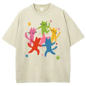 Dancing Cat Star Dopamine Happy Hand Drawn Graphic Tee Washed Casual T Shirt For Women