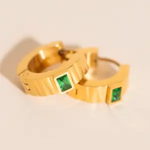 Textured Emerald Crystal Chunky Huggie Hoop Earrings