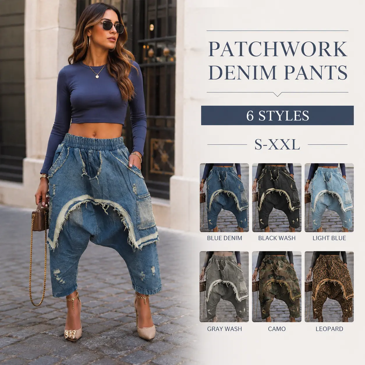 Women Patchwork Distressed Denim Harem Pants, Elastic Waist Drop Crotch Cropped Jeans, Raw Frayed Edge Oversized Pocket Baggy Streetwear Joggers S-XXL, 6 Washes Leopard Camo Vintage Loose Fit Casual Cargo Pants